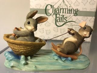 Charming Tails A Day At The Lake 83/803 Mouse Skiing Rabbit Steering Walnut Boat