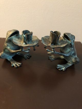 2 Vintage Metal Brass Or Bronze Frog Candle Holders Great Patina