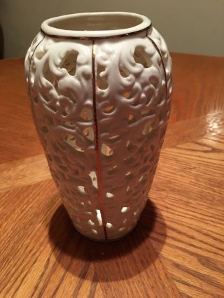 Ivory Vase With Gold Trim,  Different Shape Cut - Outs 8 1/2” Tall