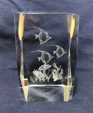3d Laser Etched Crystal Paperweight - Ocean Scene W Fish And Coral Reef