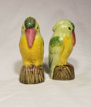 Vintage Green Yellow Birds Hand Painted Salt And Pepper Shakers Ceramic