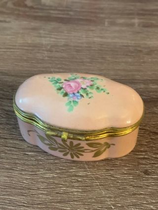 Vintage Limoges Hand Painted Trinket Box Pink Gold Trim 2.  5 " X 1 "