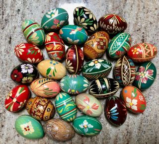 28 Vintage Hand Painted Colorful Wooden Eggs Red,  Aqua Flowers