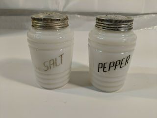 Vintage White Milk Glass Salt Pepper Shakers 4.  25” X 2.  75 Aluminum Lids