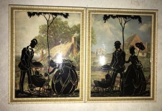 2 Vtg Convex Bubble Glass Silhouette Reverse Painting Victorian Family Baby