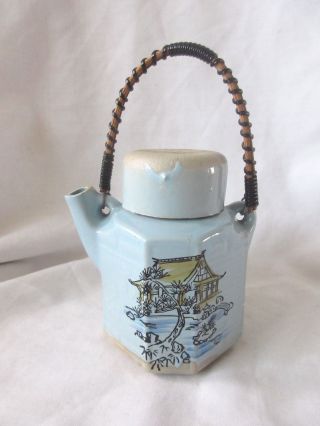 Vintage Japanese Ceramic Teapot W/ Wired Wickers Handle Baby Blue Buddhist Assoc