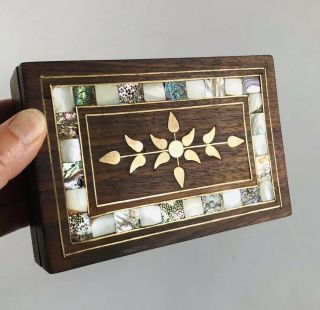 Vintage Brass Mother Of Pearl Abalone Shell Inlay Trinket Jewelry Wood Box 4x6