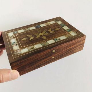 Vintage Brass Mother of Pearl Abalone Shell Inlay Trinket Jewelry Wood Box 4x6 2
