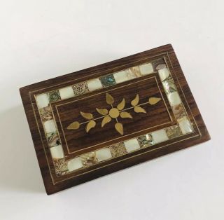 Vintage Brass Mother of Pearl Abalone Shell Inlay Trinket Jewelry Wood Box 4x6 3