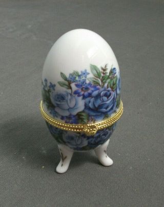 Ceramic Egg Trinket Box W/ Hinged Lid - Footed - Blue Floral - 4 " T - Sb