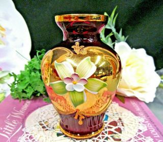 Vintage Bohemian Glass Red With Applied Flowers And Gold Gilt