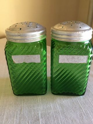 Vintage Salt And Pepper Shakers Emerald Green Depression Glass Vintage Kitchen