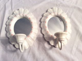2 Home Interiors White Hobnail Mirror Sconces Candle Holders 9 X 6 " Pink Ribbon