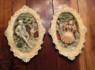 2 Vintage Victorian Couple Oval 3d Plaster Wall Plaques Lady On A Swing