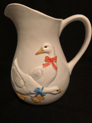 Vintage Otagiri Ducks Geese With Bows / Ribbons High Relief Water Pitcher 8 1/2”