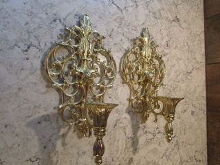 Set Of 2 Vintage Ornate Gold Tone Metal Candle Holder Wall Sconces - 11 " X 5.  5 "