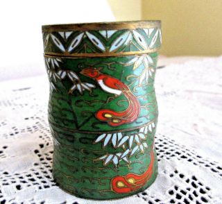 Vintage Cloisonne Brass Match/toothpick/needle Holder With Cover Green Wpeacocks