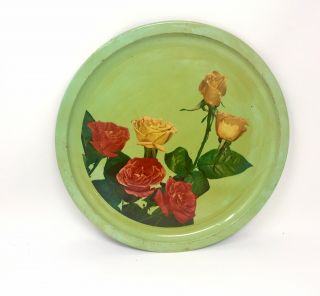 Vintage 12” Round Metal Tray Lime Green Red & Yellow Roses