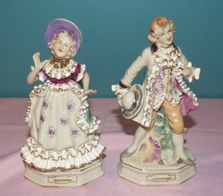Set Of 2 Vintage Victorian Man Woman Bone China Porcelain Figurines Wales Japan