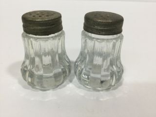 Vintage Mini Salt & Pepper Shakers With Metal Top Clear Pressed Glass 1 1/2”