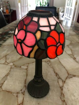 Vintage Stained Glass Votive Candle Holder Tiffany Style Flowers Design
