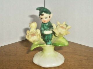 Vintage Small Irish Green Pixie Elf Sitting On Flowers
