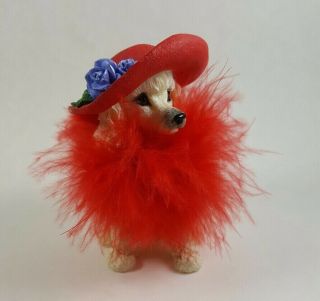 Red Hat Society Resin Poodle Figurine Fluffy Feathers Red Hat 4 "