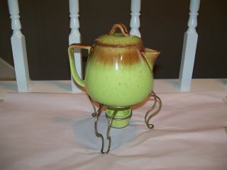 Vintage Ceramic Teapot Green Brown Speckled Retro With Stand
