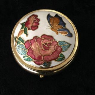 Vintage Cloissone Round Pill Box With Mirror Enamel Rose & Butterfly Design