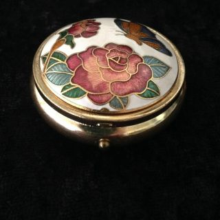 VINTAGE CLOISSONE ROUND PILL BOX WITH MIRROR ENAMEL ROSE & BUTTERFLY DESIGN 2
