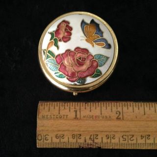 VINTAGE CLOISSONE ROUND PILL BOX WITH MIRROR ENAMEL ROSE & BUTTERFLY DESIGN 3