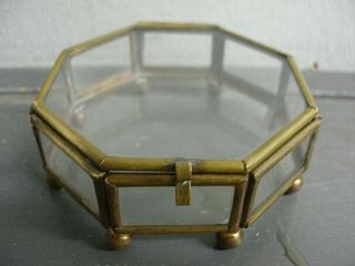 Vintage Brass & Glass Octagon 8 Sided Footed Trinket Display Box With Hinged Lid