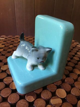 Vintage Ceramic Cat Bookend Figures Kittens Mid Century Kitsch Turquoise Marked