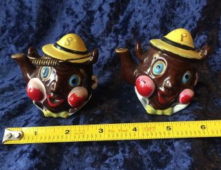 Vintage 50s Redware Anthropomorphic Happy Faces Teapot Salt And Pepper Shakers