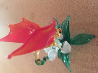 Vintage Hand Blown Glass Butterfly /c Red Wings And Flower Figurine,  4 3/4 "