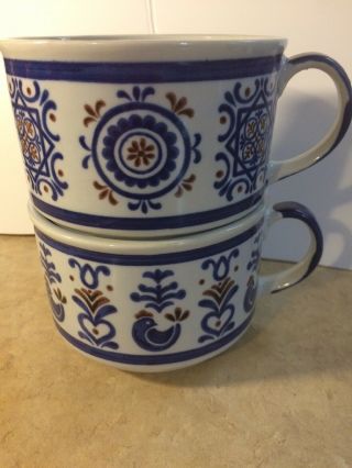 Set Of 2 Vintage Soup Mugs Blue Brown Stoneware Roosters Soup Coffee Tea Japan