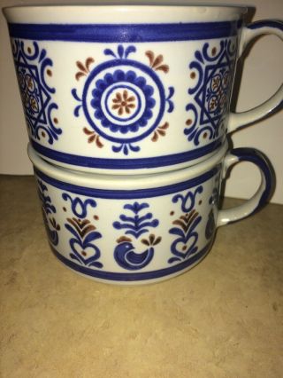 Set Of 2 Vintage Soup Mugs Blue Brown Stoneware Roosters Soup Coffee Tea Japan 2