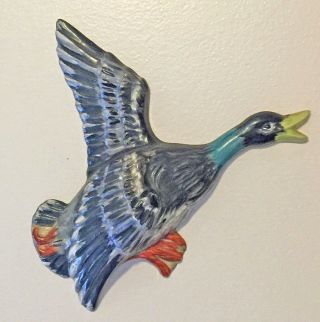 Vintage Ceramic Flying Wall Duck Mallard Pottery Signed Blue Handpainted Plaque