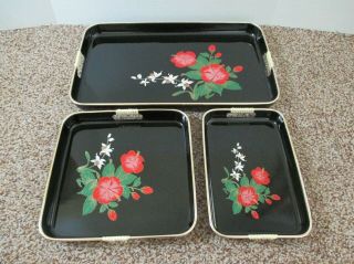 Vintage Black Lacquer 3 Piece Serving Tray Set Floral Design Made In Japan Euc