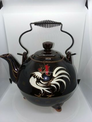 Vintage Brown Glazed Rooster Teapot With Metal Handle