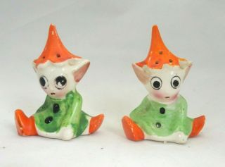 Vtg Salt Pepper Shakers Elf Gnome Pixie Boys With Orange Hats Mid Century Japan