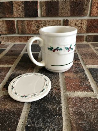 Longaberger Holly Basket Weave Coffee Mug With Lid/coaster Christmas Euc
