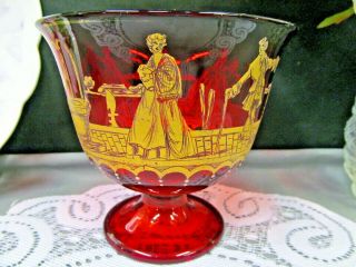 Vintage Red Glass Footed Bowl With Gold Gilt Courting Couple Victorian Design