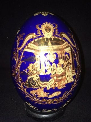 Limoges French Style Large Egg On Stand Cobalt Blue Gold Fine Porcelain