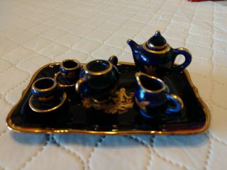 Miniature Limoges Castel Porcelain Cobalt Blue & Gold Tea Set