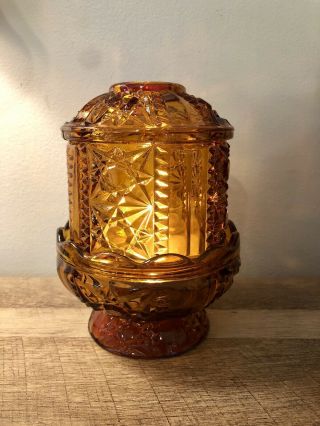 Vtg Fenton Indiana Glass Gold Amber Fairy Lamp Candle Holder Hobstar Light