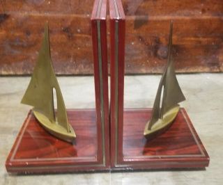 Cherry Wood & Brass Sailboats Nautical Vintage Pair Bookends Brass Inlaid Wood