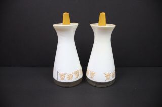 Pyrex Gold Butterfly Opaque White Clear Glass Salt & Pepper Shakers Usa Made