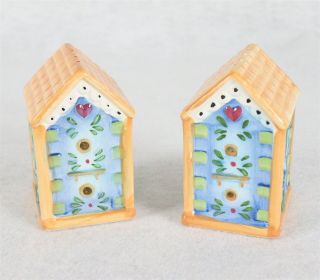Birdhouse And Red Hearts Ceramic Salt And Pepper Shakers 4 "