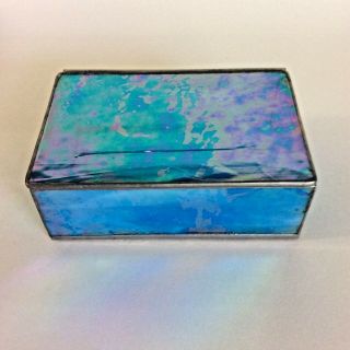 Glass Lead - Light Trinket Box Mirror Bottom Iridescent Blue Hinged Lid